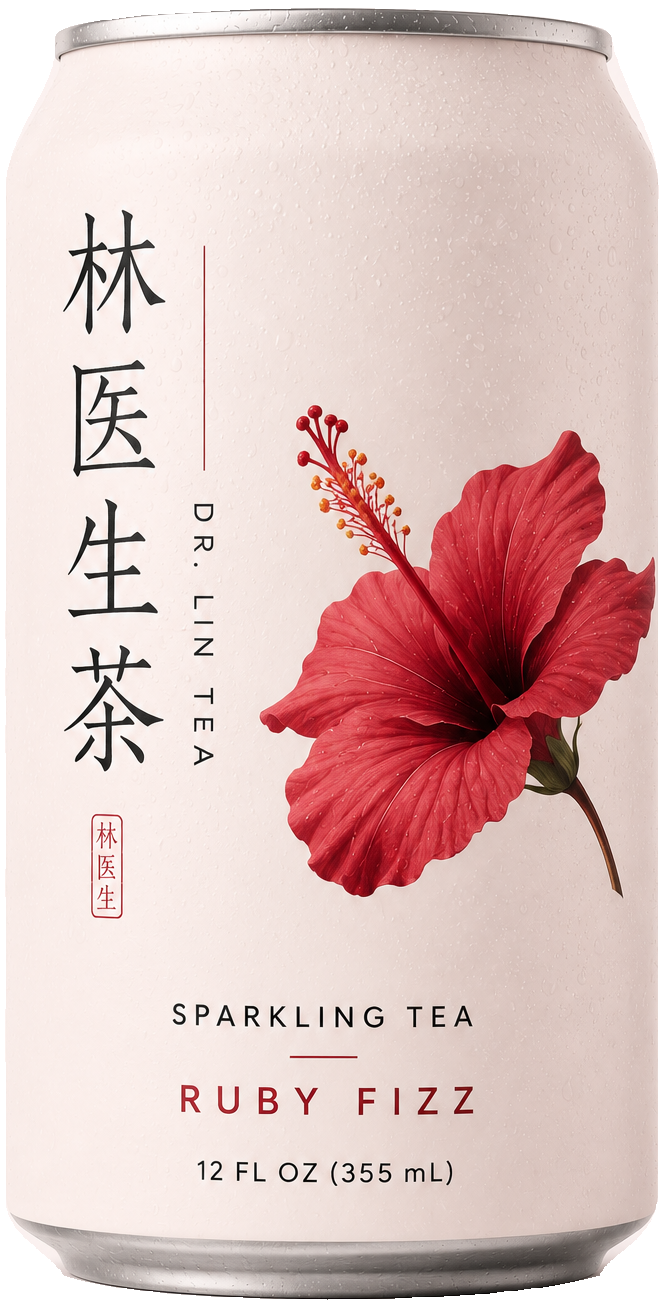 Dr. Lin Tea Ruby Fizz can with red hibiscus artwork, 12 fluid ounces